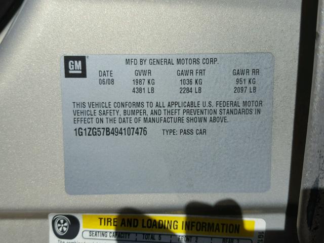 1G1ZG57B494107476 - 2009 CHEVROLET MALIBU LS თაფლისფერი ფოტო 10