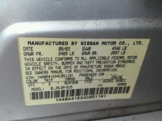 1N4BA41EX4C851191 - 2004 NISSAN MAXIMA SE SILVER photo 10