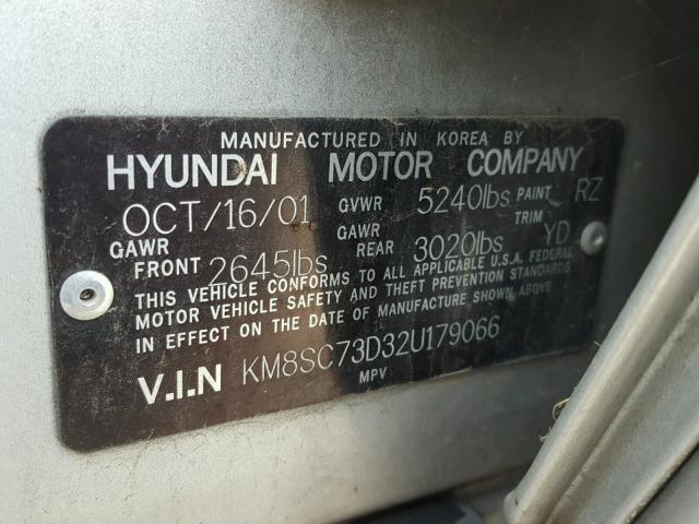 KM8SC73D32U179066 - 2002 HYUNDAI SANTA FE G SILVER photo 10