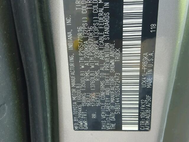 5TBDT44105S472473 - 2005 TOYOTA TUNDRA DOU SILVER photo 10