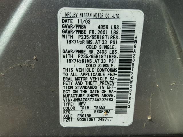 JN8AZ08T24W207683 - 2004 NISSAN MURANO SL SILVER photo 10