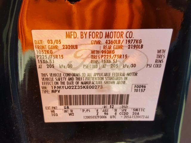 1FMYU02Z35KE00273 - 2005 FORD ESCAPE XLS BLACK photo 10