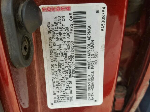JTDBE32K720124358 - 2002 TOYOTA CAMRY LE RED photo 10