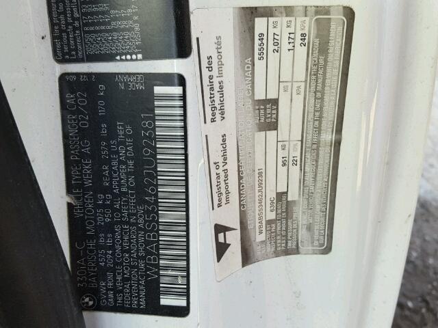 WBABS53462JU92381 - 2002 BMW 330 CI WHITE photo 10