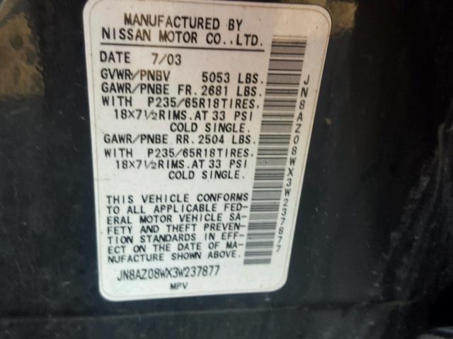 JN8AZ08WX3W237877 - 2003 NISSAN MURANO SL BLACK photo 10