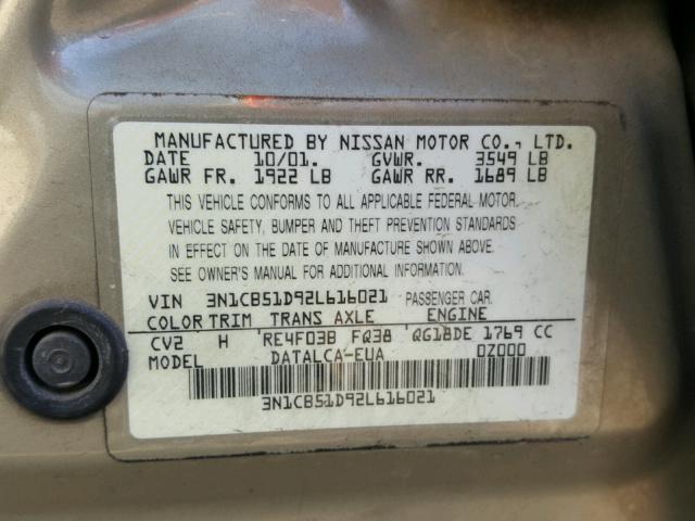 3N1CB51D92L616021 - 2002 NISSAN SENTRA XE BEIGE photo 10