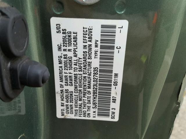 5J6YH28523L027835 - 2003 HONDA ELEMENT EX GREEN photo 10