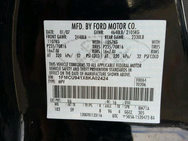 1FMCU941X8KA02424 - 2008 FORD ESCAPE LIM BLACK photo 10