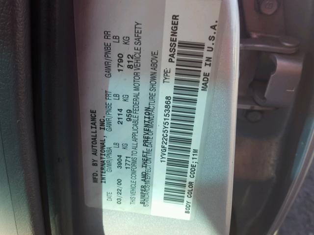 1YVGF22C5Y5153868 - 2000 MAZDA 626 ES SILVER photo 10