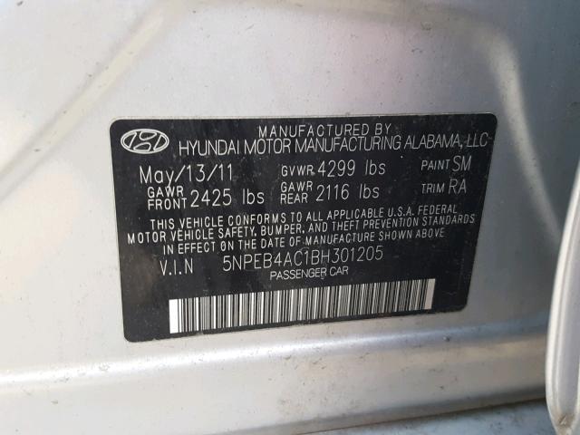 5NPEB4AC1BH301205 - 2011 HYUNDAI SONATA GLS GRAY photo 10