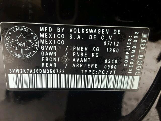 3VW2K7AJ6DM350722 - 2013 VOLKSWAGEN JETTA BASE 黑色 照片 10