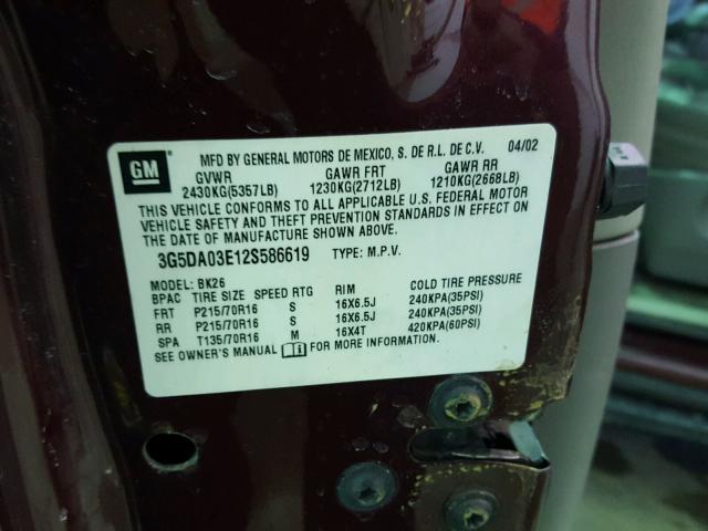 3G5DA03E12S586619 - 2002 BUICK RENDEZVOUS MAROON photo 10