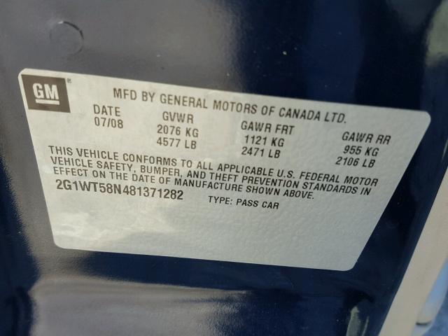 2G1WT58N481371282 - 2008 CHEVROLET IMPALA LT BLUE photo 10