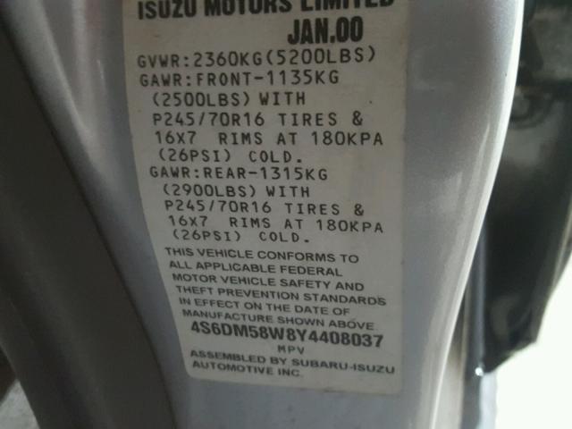 4S6DM58W8Y4408037 - 2000 HONDA PASSPORT E 银色 照片 10