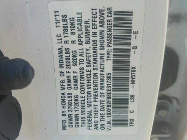 19XFB2F98CE317395 - 2012 HONDA CIVIC EXL WHITE photo 10