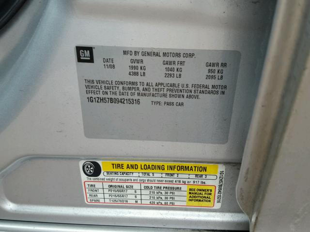 1G1ZH57B094215316 - 2009 CHEVROLET MALIBU 1LT 银色 照片 10