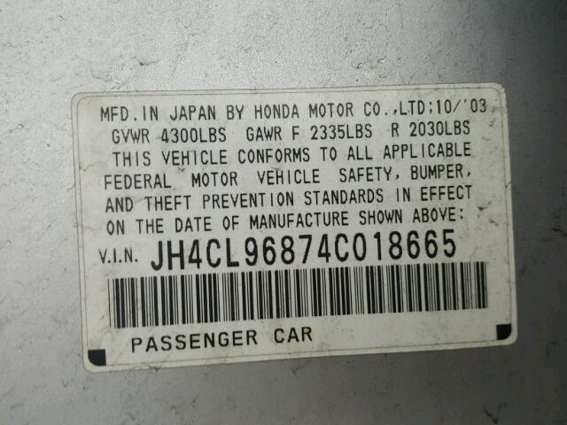 JH4CL96874C018665 - 2004 ACURA TSX SILVER photo 10