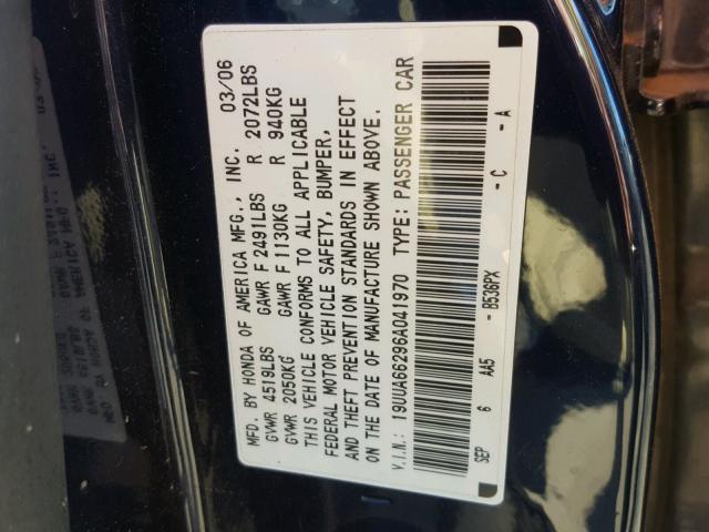 19UUA66296A041970 - 2006 ACURA 3.2TL BLUE photo 10