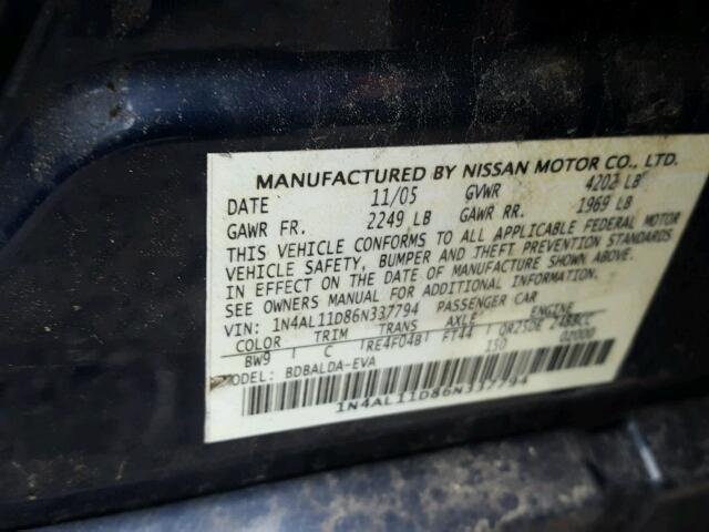 1N4AL11D86N337794 - 2006 NISSAN ALTIMA S BLUE photo 10