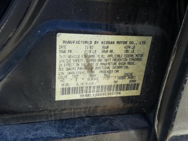 1N4BL11D24C155764 - 2004 NISSAN ALTIMA SE BLACK photo 10