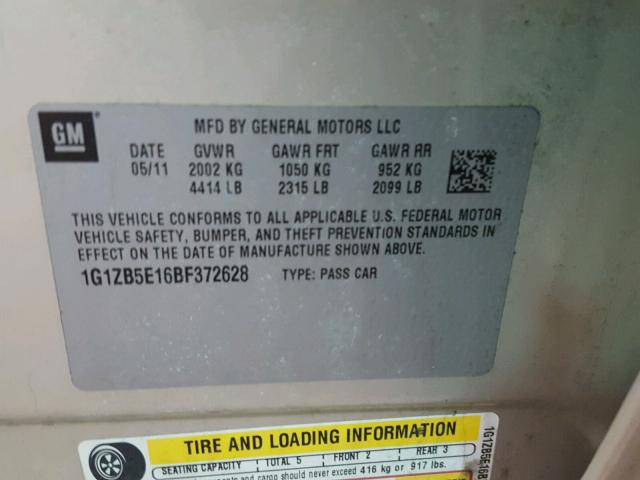 1G1ZB5E16BF372628 - 2011 CHEVROLET MALIBU LS თაფლისფერი ფოტო 10