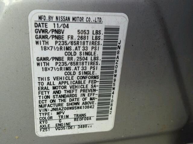 JN8AZ08W95W410842 - 2005 NISSAN MURANO SL SILVER photo 10