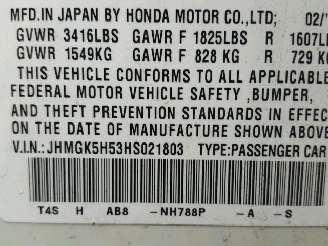 JHMGK5H53HS021803 - 2017 HONDA FIT LX أبيض صورة 10