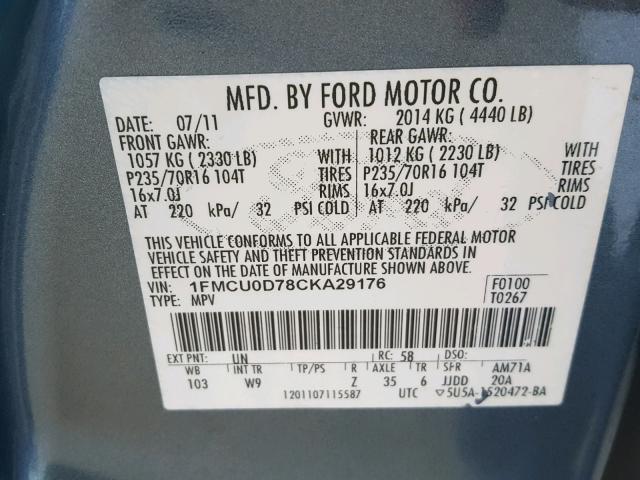 1FMCU0D78CKA29176 - 2012 FORD ESCAPE XLT BLUE photo 10