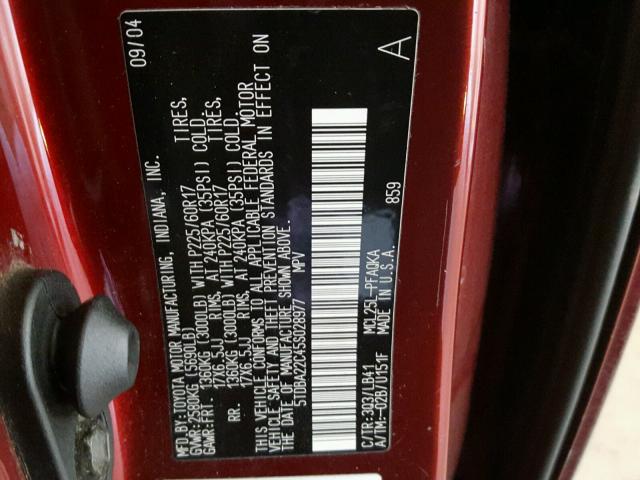 5TDBA22C45S028977 - 2005 TOYOTA SIENNA XLE BURGUNDY photo 10