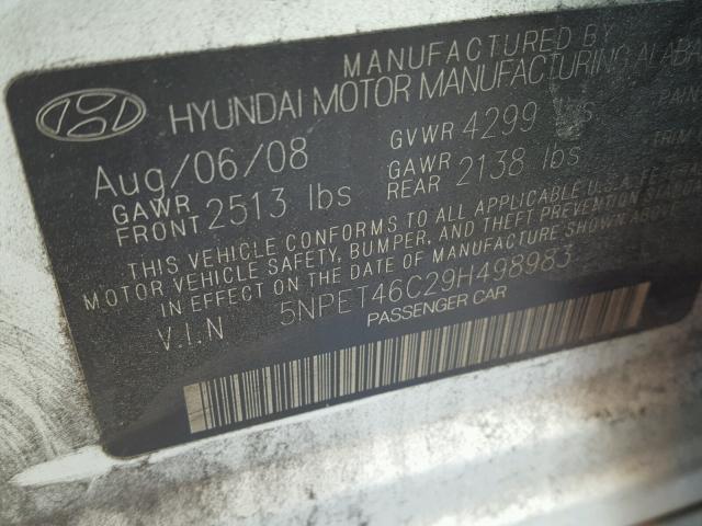 5NPET46C29H498983 - 2009 HYUNDAI SONATA GLS SILVER photo 10