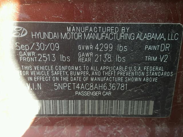 5NPET4AC8AH636781 - 2010 HYUNDAI SONATA GLS RED photo 10