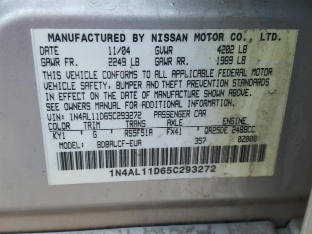 1N4AL11D65C293272 - 2005 NISSAN ALTIMA S SILVER photo 10