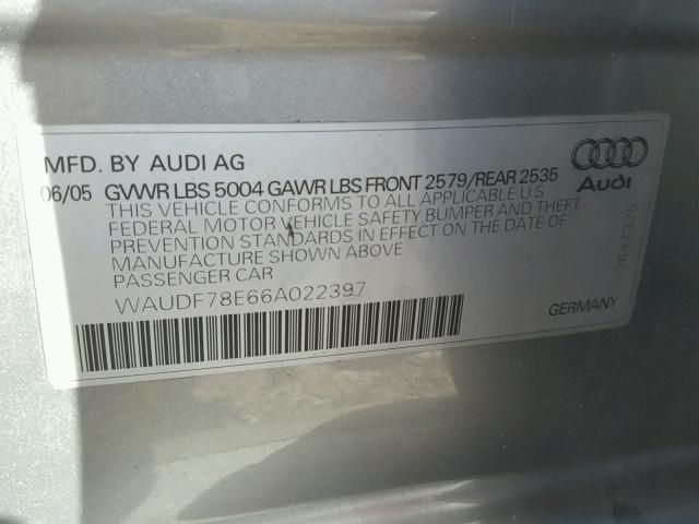 WAUDF78E66A022397 - 2006 AUDI A4 2.0T QU SILVER photo 10