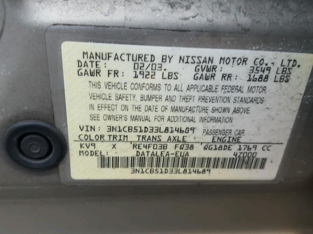 3N1CB51D33L814689 - 2003 NISSAN SENTRA XE CREAM photo 10