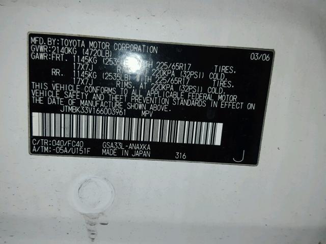 JTMBK33V166003961 - 2006 TOYOTA RAV4 WHITE photo 10