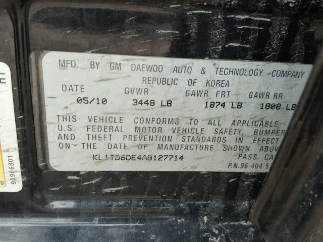 KL1TD6DE4AB127714 - 2010 CHEVROLET AVEO LS BLACK photo 10