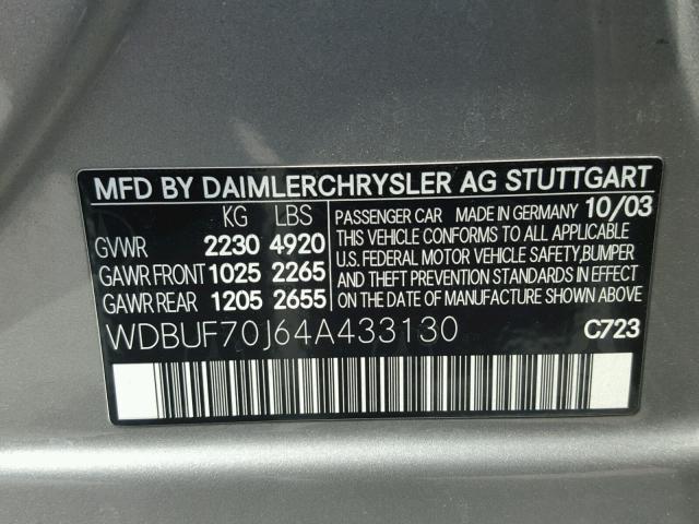 WDBUF70J64A433130 - 2004 MERCEDES-BENZ E 500 SILVER photo 10