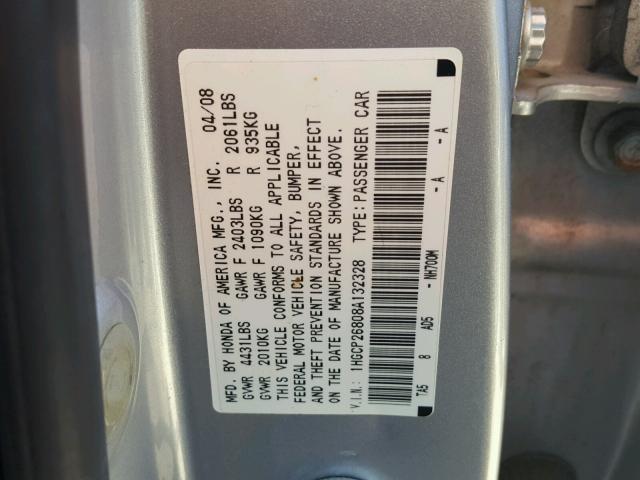 1HGCP26808A132328 - 2008 HONDA ACCORD EXL SILVER photo 10