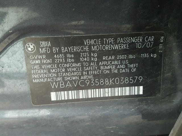 WBAVC93588K038579 - 2008 BMW 328 XI GRAY photo 10