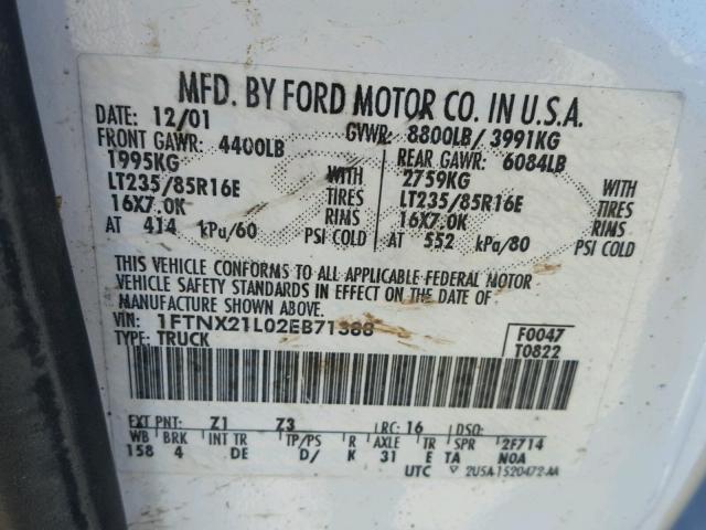 1FTNX21L02EB71388 - 2002 FORD F250 SUPER WHITE photo 10