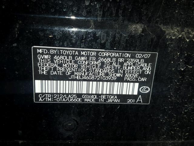 JTHBJ46G872103939 - 2007 LEXUS ES 350 BLACK photo 10