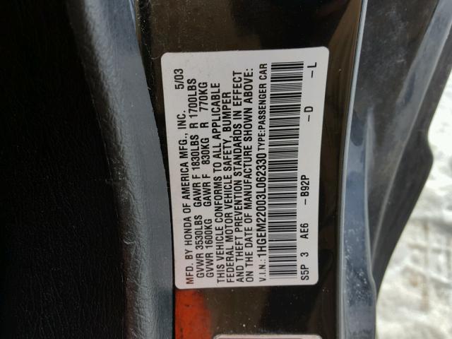 1HGEM22003L062330 - 2003 HONDA CIVIC EX შავი ფოტო 10