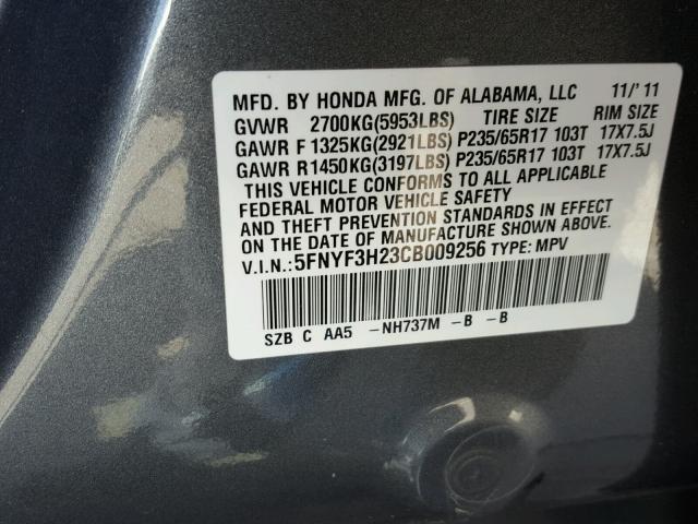 5FNYF3H23CB009256 - 2012 HONDA PILOT LX GRAY photo 10