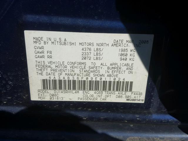 4A3AB36F09E011024 - 2009 MITSUBISHI GALANT ES BLUE photo 10