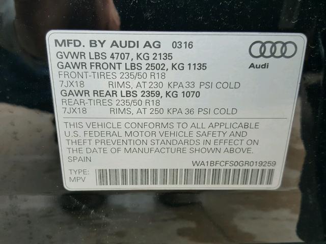 WA1BFCFS0GR019259 - 2016 AUDI Q3 PREMIUM BLACK photo 10