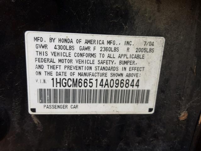 1HGCM66514A096844 - 2004 HONDA ACCORD EX BLACK photo 10