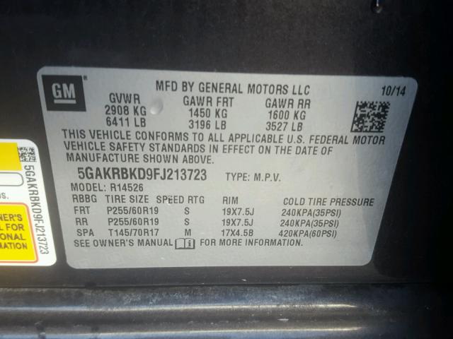 5GAKRBKD9FJ213723 - 2015 BUICK ENCLAVE GRAY photo 10