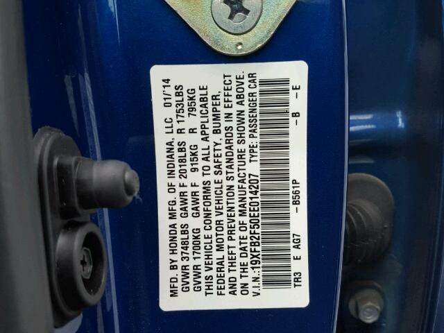 19XFB2F50EE014207 - 2014 HONDA CIVIC LX BLUE photo 10