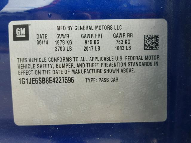 1G1JE6SB8E4227596 - 2014 CHEVROLET SONIC LTZ BLUE photo 10