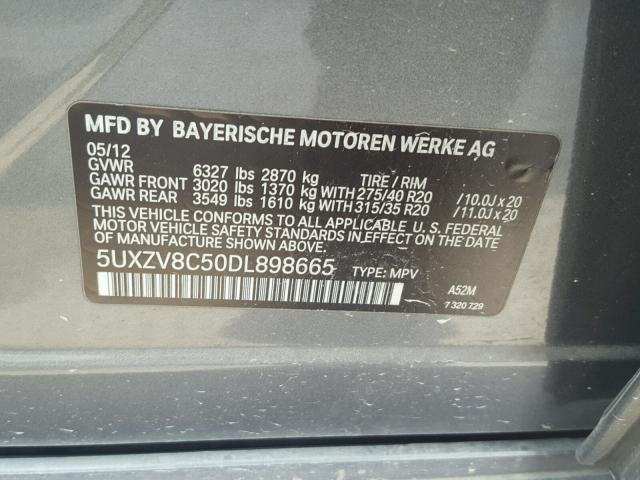 5UXZV8C50DL898665 - 2013 BMW X5 XDRIVE5 GRAY photo 10